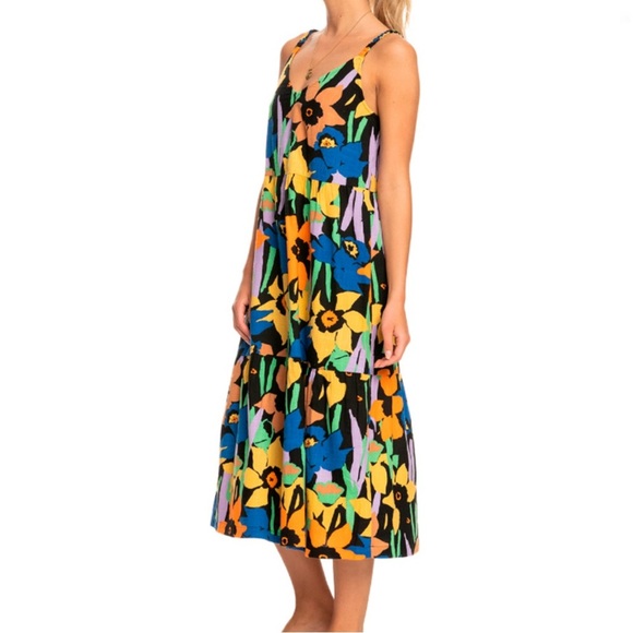 🌻 Roxy Waiting Line Floral Printed Tiered MIDI Dress size Medium Sundress - Picture 12 of 12